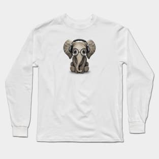 Cute Baby Elephant Dj Wearing Headphones and Glasses Long Sleeve T-Shirt